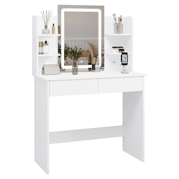Kaptafel - Make-up Tafel - Make up Tafel met Spiegel en Lampen - Verstelbare Helderheid - 2 USB Poorten - 2 Lades - 6 Opbergplanken - 90x135x40 cm - Wit
