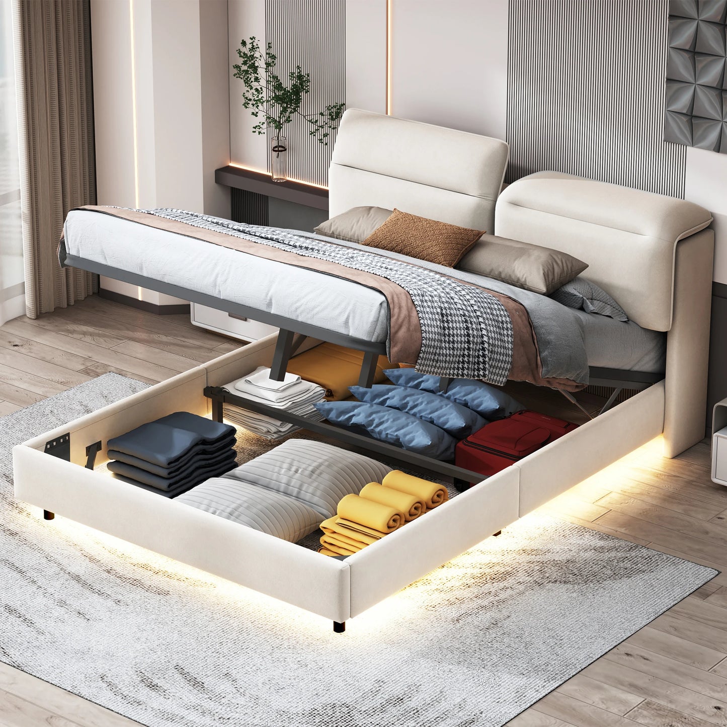 Gestoffeerd Bed – Tweepersoonsbed – Boxspringbed – Slaapbank – Opbergbed – 160x200 cm – Inklapbaar Hoofdbord – Gasdrukvering Opbergruimte