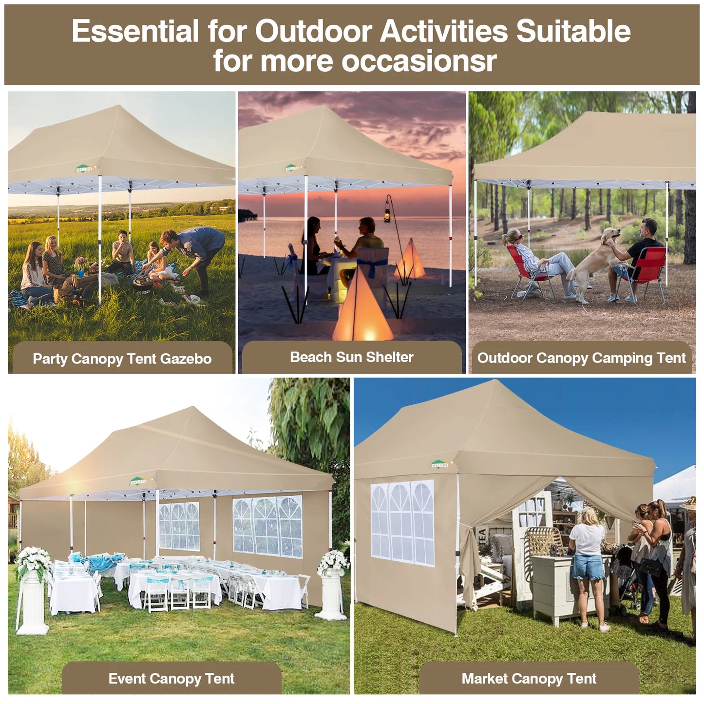 Partytent – Tuinklok – Tuinoverkapping – Pavilion – Overkapping – Waterdicht Oxford Stof – Verstelbare Hoogte – Afneembare Zijwanden - Khaki