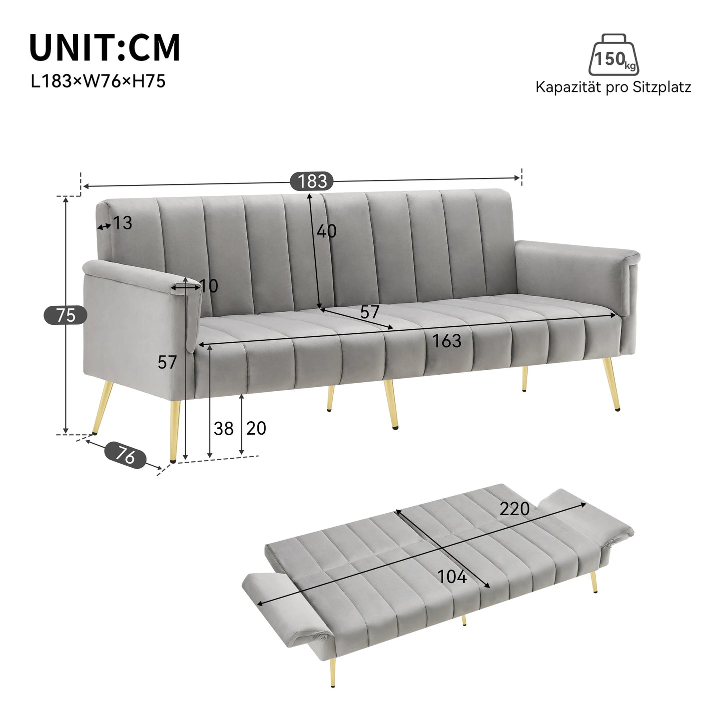 2-zits loungebank – slaapbank – relaxbank – loveseat – zitbank – Lichtgrijs – 5-voudig verstelbare rugleuning – zachte velvet stof