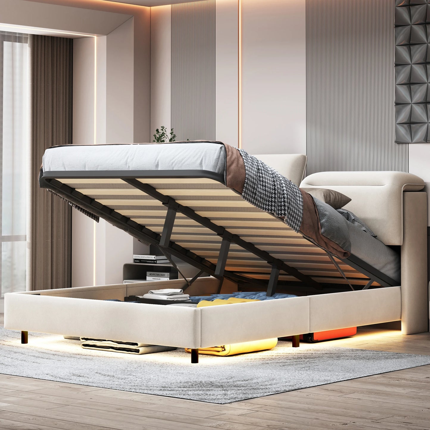 Bed 160x200 cm – Tweepersoonsbed – Slaapbed – Ledikant – Bedframe – Met Opbergruimte – Verstelbare LED-Verlichting