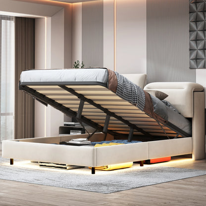 Bed 160x200 cm – Tweepersoonsbed – Slaapbed – Ledikant – Bedframe – Met Opbergruimte – Verstelbare LED-Verlichting