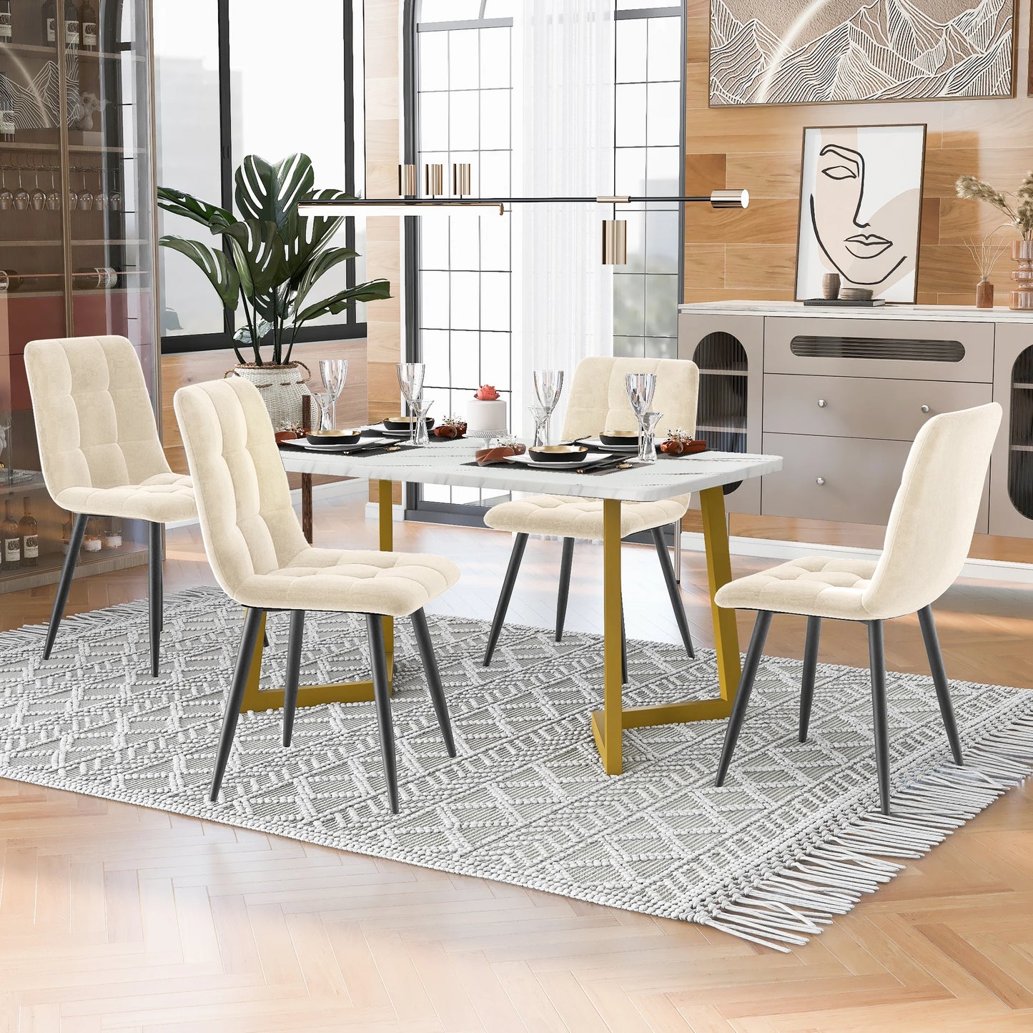 Eettafelset – Dinerensemble – Eettafel Met Stoelen – Keukentafelset – Compact Design – Marmerlook Tafelblad – Fluwelen Stoelen Met Gouden Poot - Beige