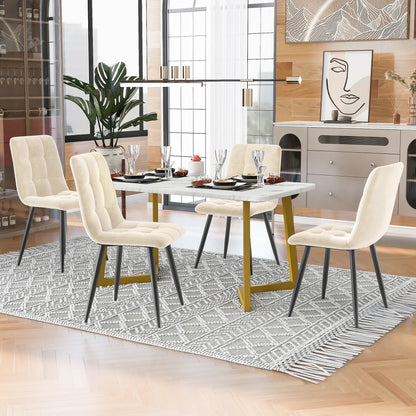Eettafelset – Dinerensemble – Eettafel Met Stoelen – Keukentafelset – Compact Design – Marmerlook Tafelblad – Fluwelen Stoelen Met Gouden Poot - Beige