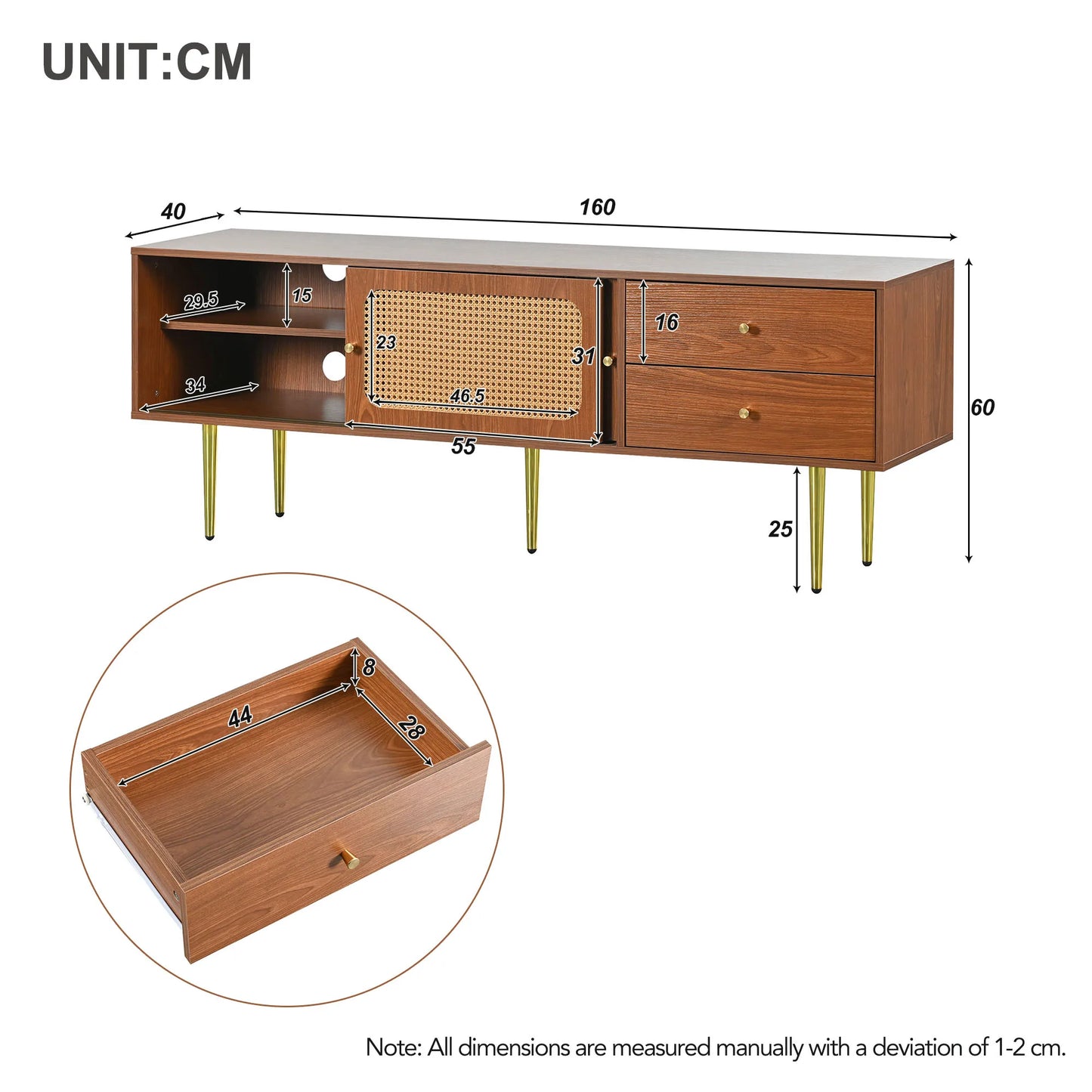 Modern TV-Meubel – Tv-Kast – Videomeubel – Opbergmeubel – Walnootkleur – Schuifdeuren – Kabelbeheer - 160x40x60 cm - Bruin