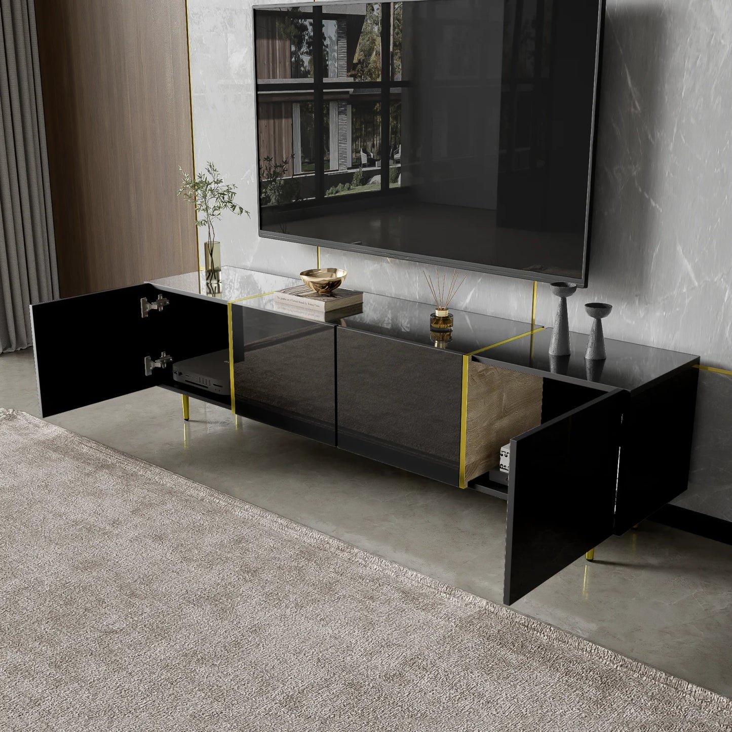 TV-kast – Mediameubel – TV-meubel – TV-dressoir – Zwarte TV-kast – Hoogglans Zwart Met Gouden Accenten – 4 Deuren Met Soft-Close Scharnieren