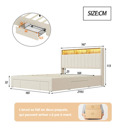 Bedombouw – Gestoffeerd Bed – Tweepersoonsbed – Opbergbed – Ledikant – 160x200 cm – Met LED-verlichting en USB Type-C Poorten