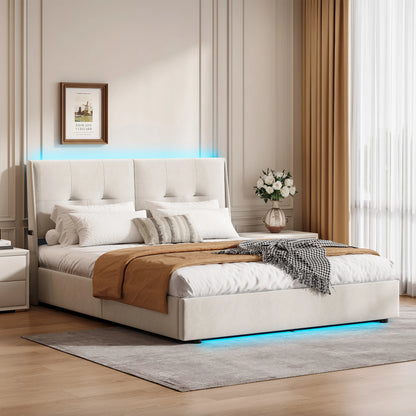 Opbergbed – Gestoffeerd Bed – Hydraulisch Bed – Bedframe – Opbergruimte – 140x200 cm – LED-Verlichting – Zijvakjes