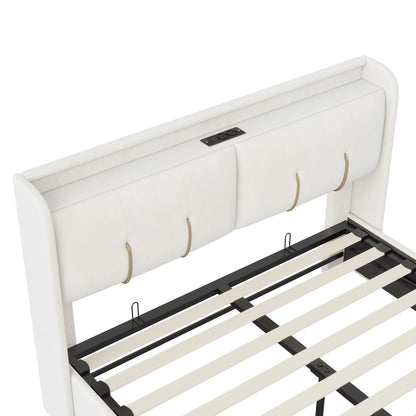 Tweepersoonsbed – Bedframe – Opbergbed – Slaapbank – Boxspring – 160x200 cm – Met LED-verlichting en USB-oplaadpunt – Grijs Fluwelen Hoofdeinde