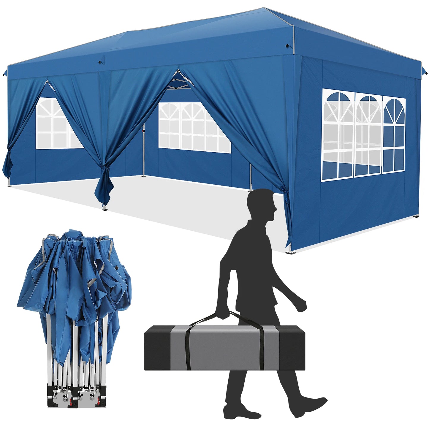 Vouwwagen – Pop-Up Tent – Opvouwbare Tent – Buiten Tent – Waterafstotend Oxford – 3x6 Meter – 6 Afneembare Zijwanden - Blauw