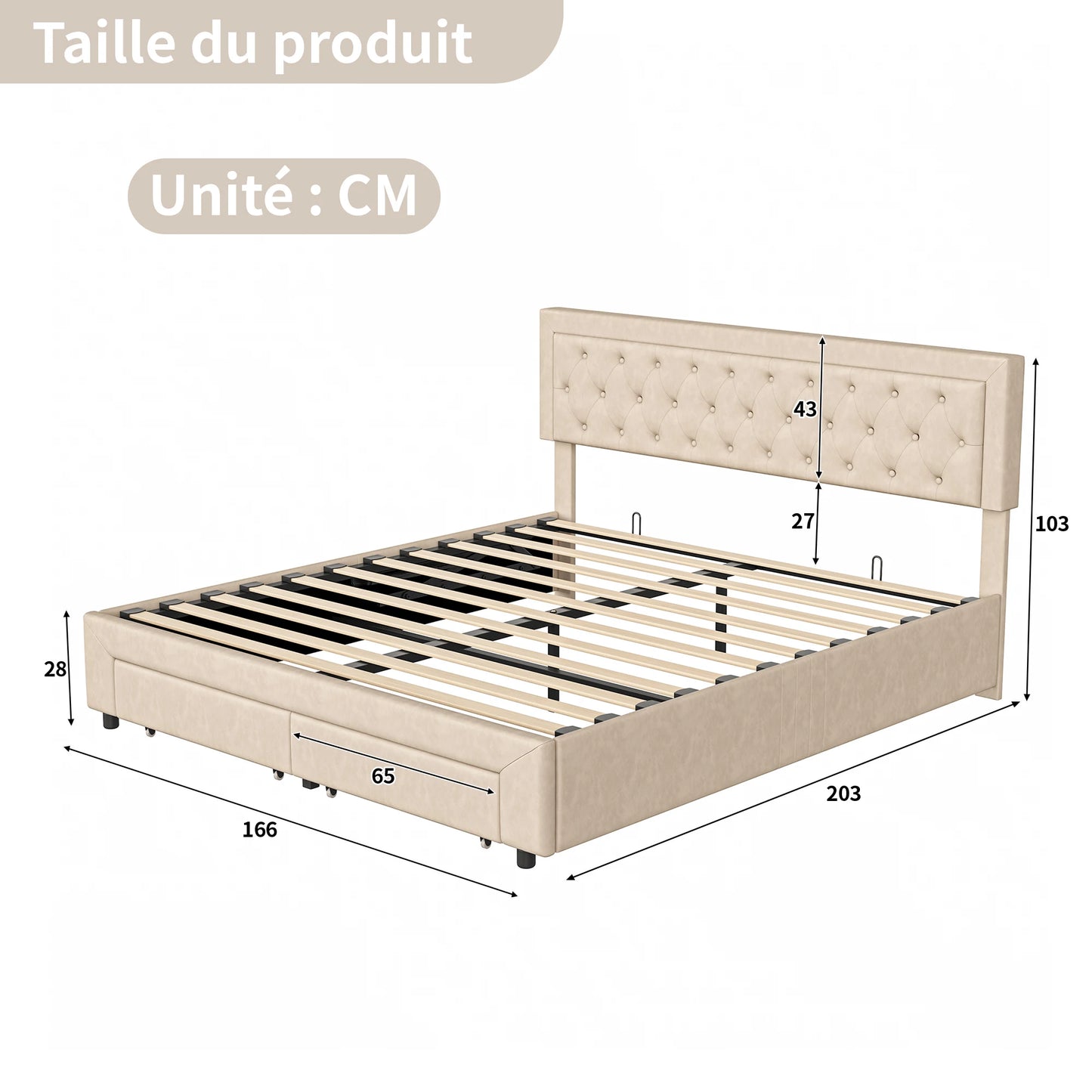 Opbergbed – Gestoffeerd Bed – Boxspringbed – Ladebed – Tweepersoonsbed – Beige 160 × 200 cm – Velours Bekleding – Ruime Opberglades met Wieltjes