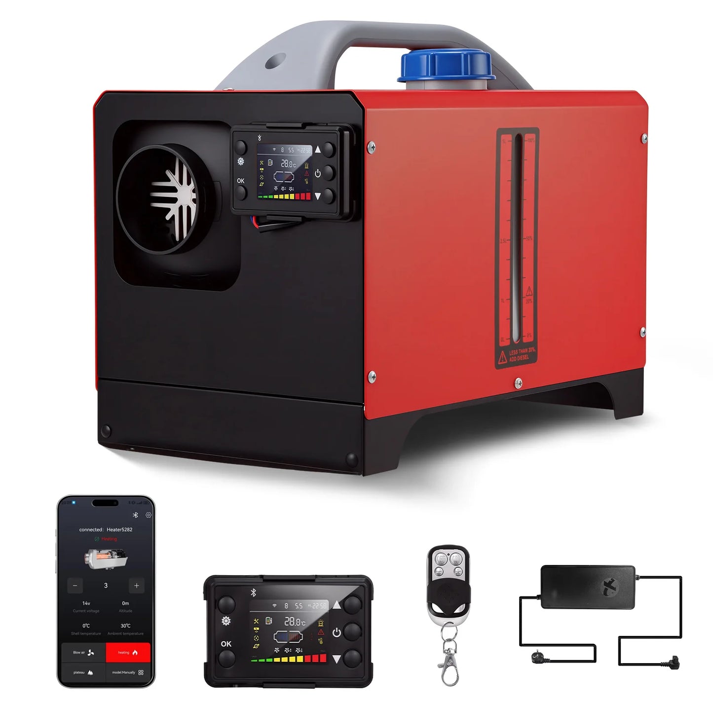 Dieselverwarmer – Draagbare Heater – Caravan Verwarmer – Camper Verwarming – Garage Kachel – 8 kW Vermogen – Bluetooth Bediening Met EU Adapter
