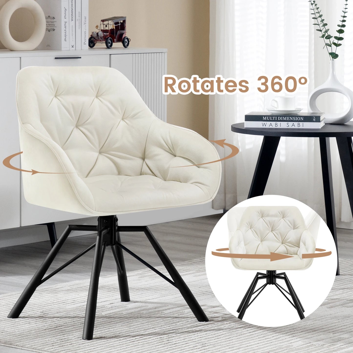 Draaibare Eetkamerstoelen – Set van 2 - Eetstoel – Bureaustoel – Leesstoel – Comfortstoel – Ergonomisch Design – 360° Draaibaar - Fluweel - Crème