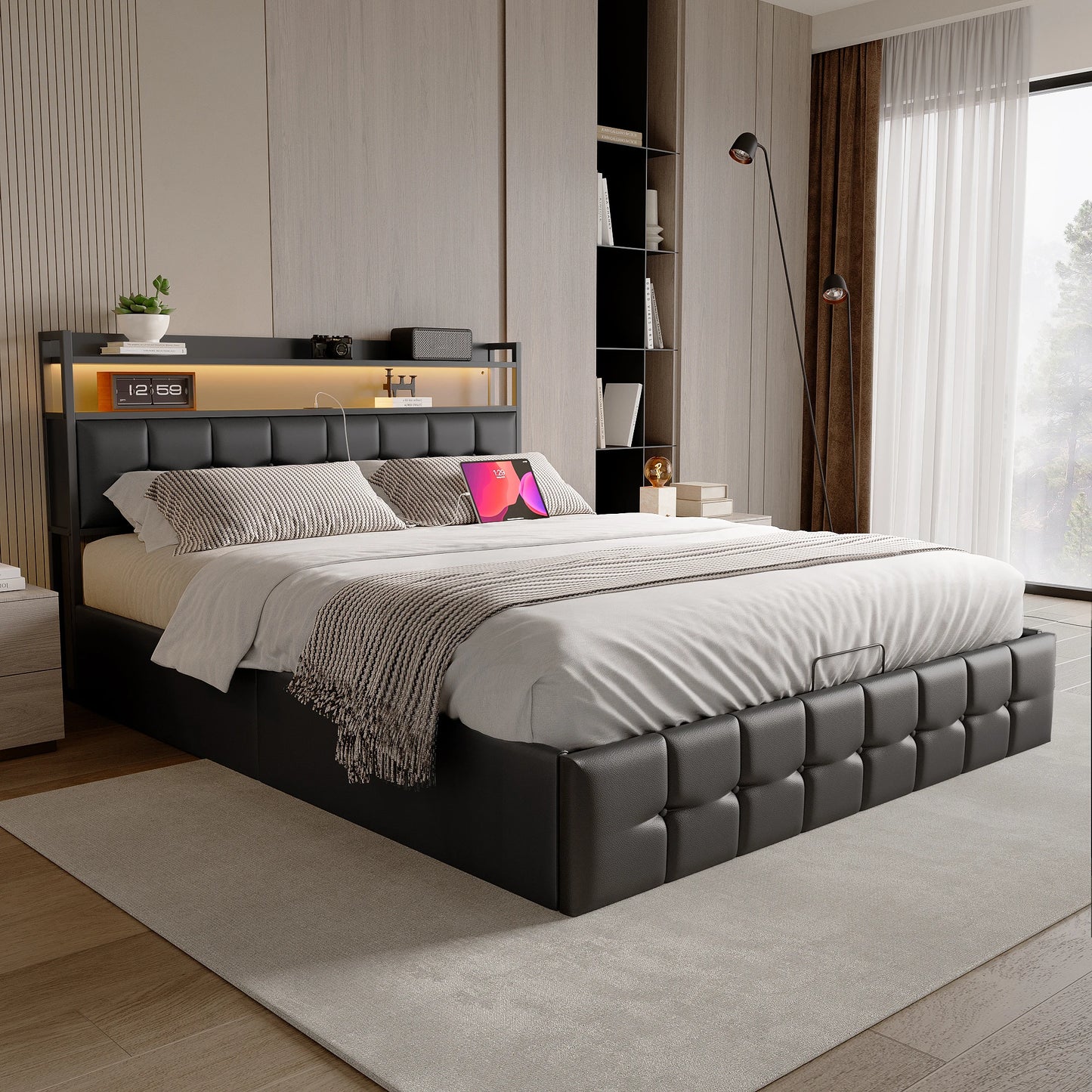 Bed Met Opbergruimte – Linnen Bed – Slaapbed – Opbergbed – Gasdrukveer Bed – 140x200 cm – Antracietgrijs Linnen Hoofdbord – Stevige Hout-Metaal Constructie