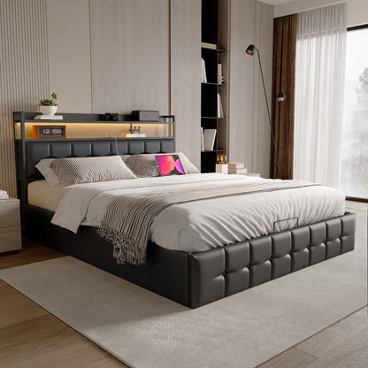 Bed Met Opbergruimte – Linnen Bed – Slaapbed – Opbergbed – Gasdrukveer Bed – 140x200 cm – Antracietgrijs Linnen Hoofdbord – Stevige Hout-Metaal Constructie