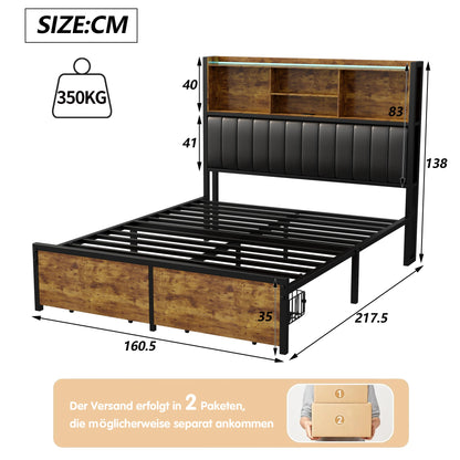 Dubbel Bedframe – 2-Persoonsbed – Stalen Bed – Opbergbed – Slaapkamerbed – 160x200 cm – LED Hoofdbord – USB Oplaadpunt – Zwarte PU Bekleding