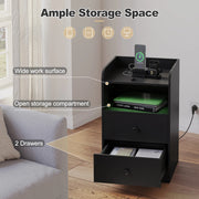 Nachtkastje - Bijzettafel - Nachtkastje met Oplaadstation – 2 USB-poorten - 2 Stopcontacten – Bijzettafel met Verstelbare LED-Verlichting – Houten Overbedtafel – Modern Slaapkamermeubel - 40x64x35 cm - Zwart