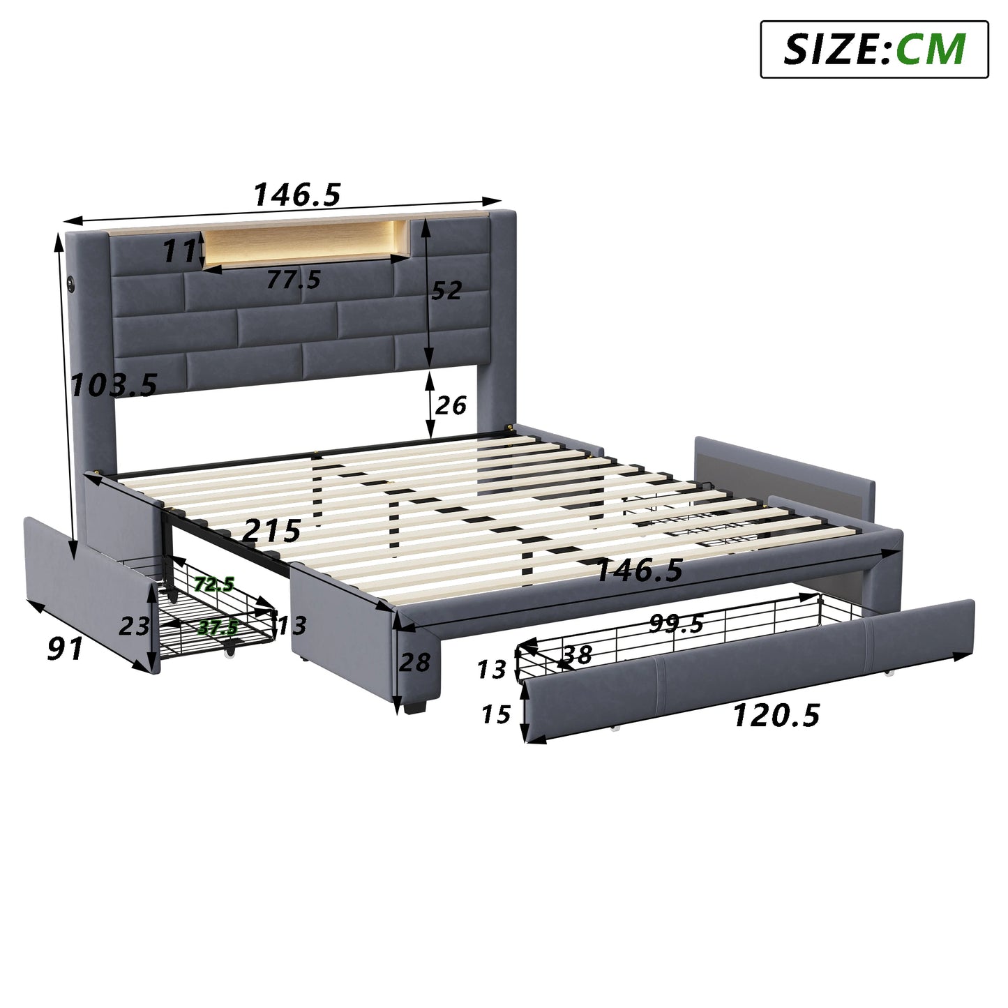 Bed – Tweepersoonsbed – Gestoffeerd Bed – Opbergbed – Bed met Lade – 140x200 cm – Fluwelen Bekleding – LED Verlichting en USB-poorten
