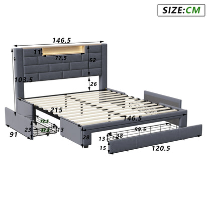 Bed – Tweepersoonsbed – Gestoffeerd Bed – Opbergbed – Bed met Lade – 140x200 cm – Fluwelen Bekleding – LED Verlichting en USB-poorten
