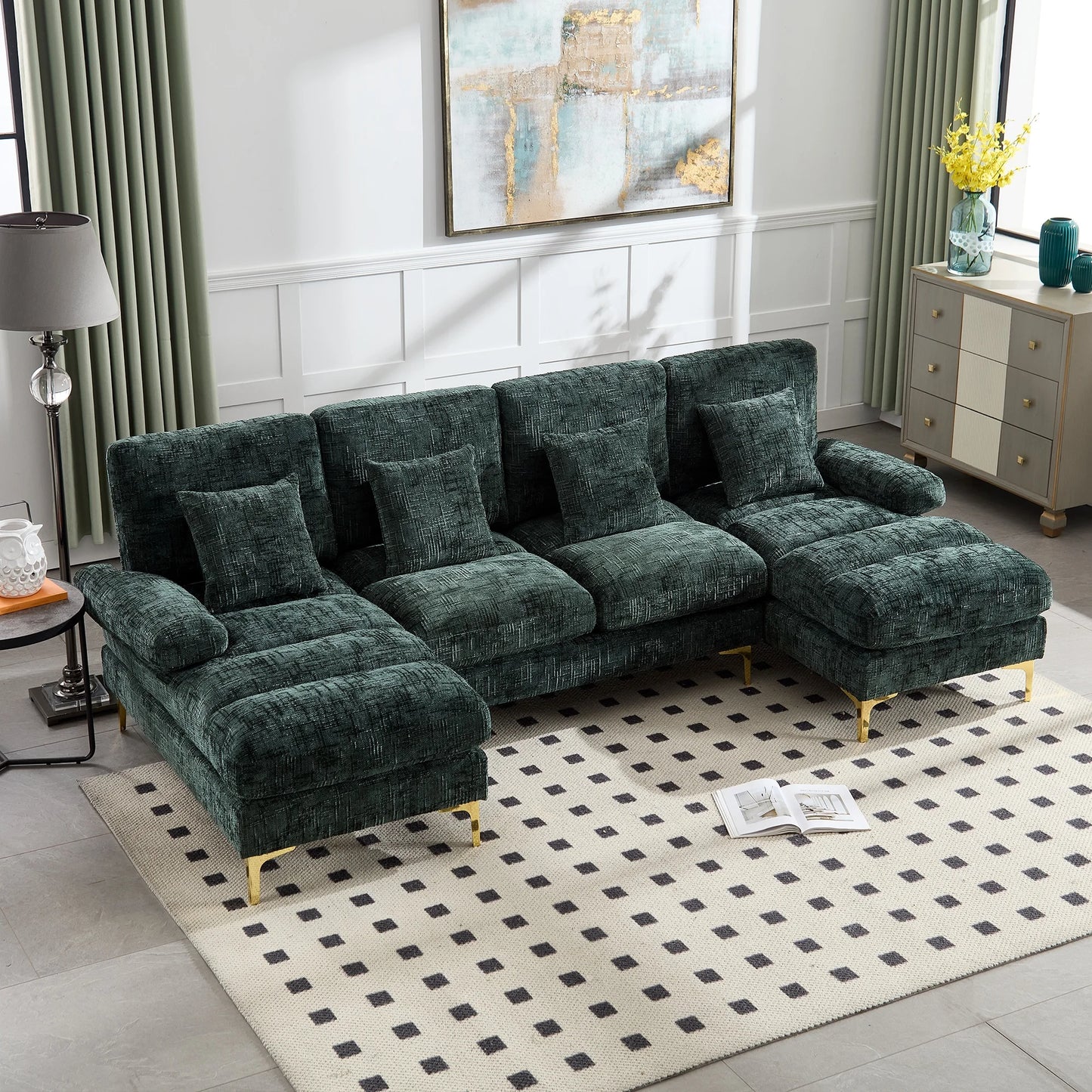 Hoekbank – Hoeksalon – Loungebank – U-Vormige Bank – Zithoek – Army Green – Chenille Stof – Robuust Houten Frame – Verstelbare Rugleuningen