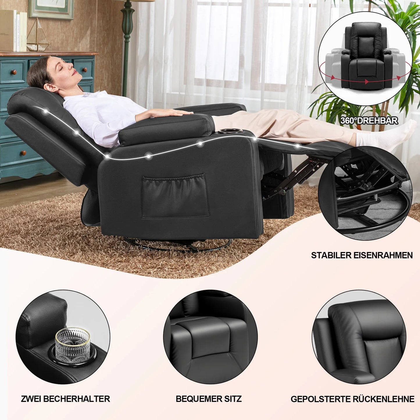 Relaxfauteuil – Relaxstoel – Fauteuil – TV-stoel – Draaifauteuil – Verstelbare Rugleuning tot 160° – 360° Draaibaar – Donkergrijs Stof – Zijvakken