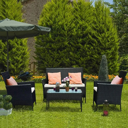 Rattan Loungeset – Tuinset – Loungeset Balkon – Buitenmeubel – Compact 4-Delig – Weerbestendig Staal – Gehard Glas - QUORE