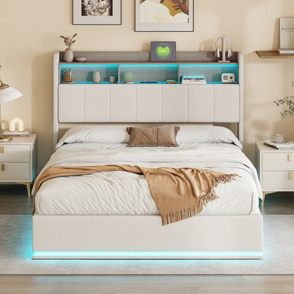 Gestoffeerd tweepersoonsbed – Tweepersoonsbed met opbergruimte – Bedframe – Slaapbed – Led-bed – Grijs Velvet – 160x200 cm – Ingebouwde LED-lichtbar – Gasdrukveer opbergruimte