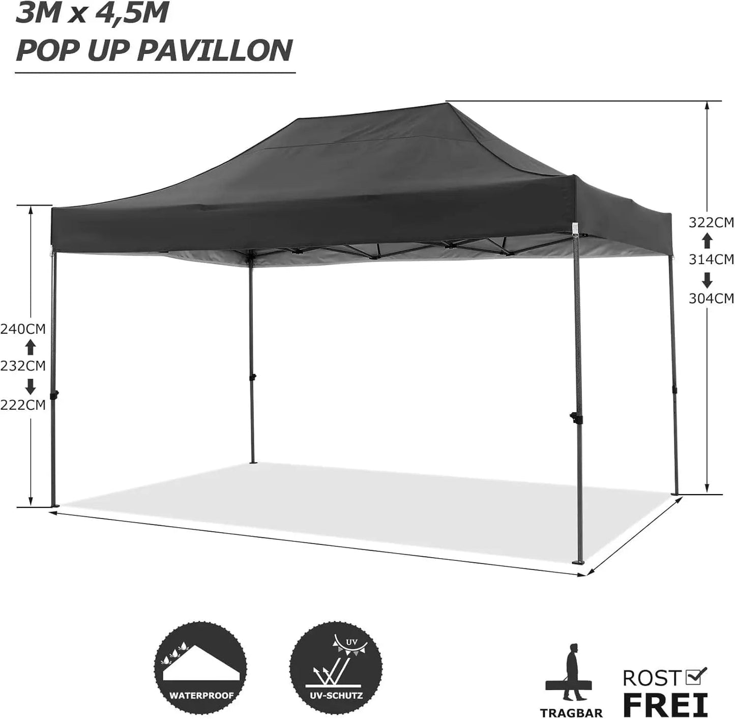 Tuinpaviljoen - Pop-Up Luifeltent – Overkapping – Tent – Luifel – Vouwtent – Waterdicht 420D Oxford – Verstelbare Hoogte 222-240cm - Zwart