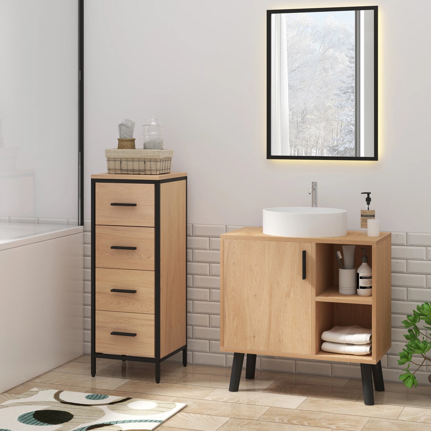 Wastafelmeubel 60x30x60,5 cm – Badkamerkast Onder Wastafel met Uitsparing – Licht Eiken met Zwarte Details – Wastafel Onderkast – Modern & Ruimtebesparend Design