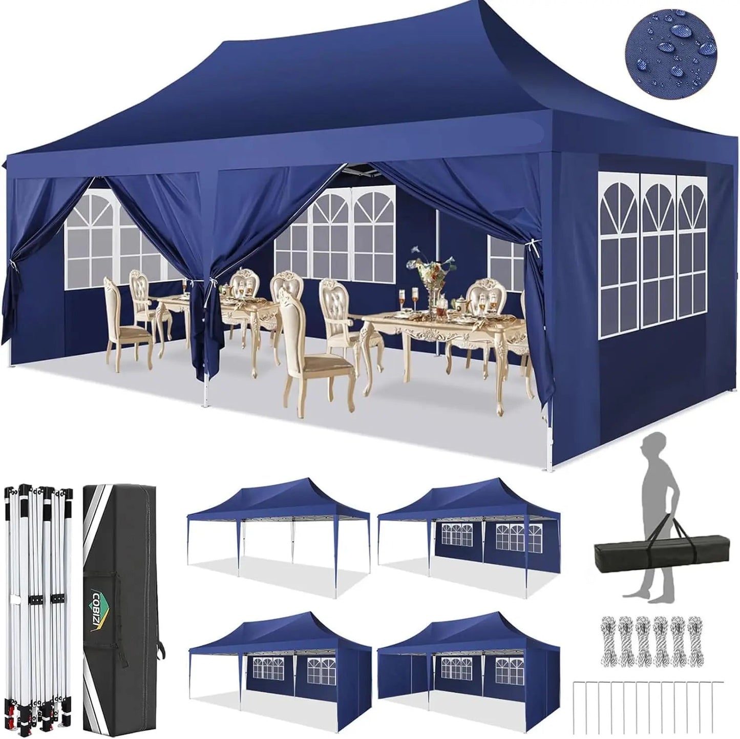 Partytent – Inklapbare Tent – Buitentent – Feesttent – Bruilofttent – Waterdicht Oxford Materiaal – Stevig Stalen Frame - Donkerblauw - QUORE