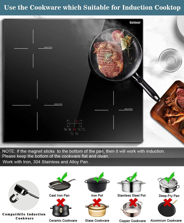 Inductie kookplaat - Induction Hob - Induction Cook Top - Inductie Fornuis - Elektrische Brander - 4-pits inductiekookplaat - Ingebouwde inductiekookplaat - met aanraakbediening - timer - veiligheidsslot - Zwart