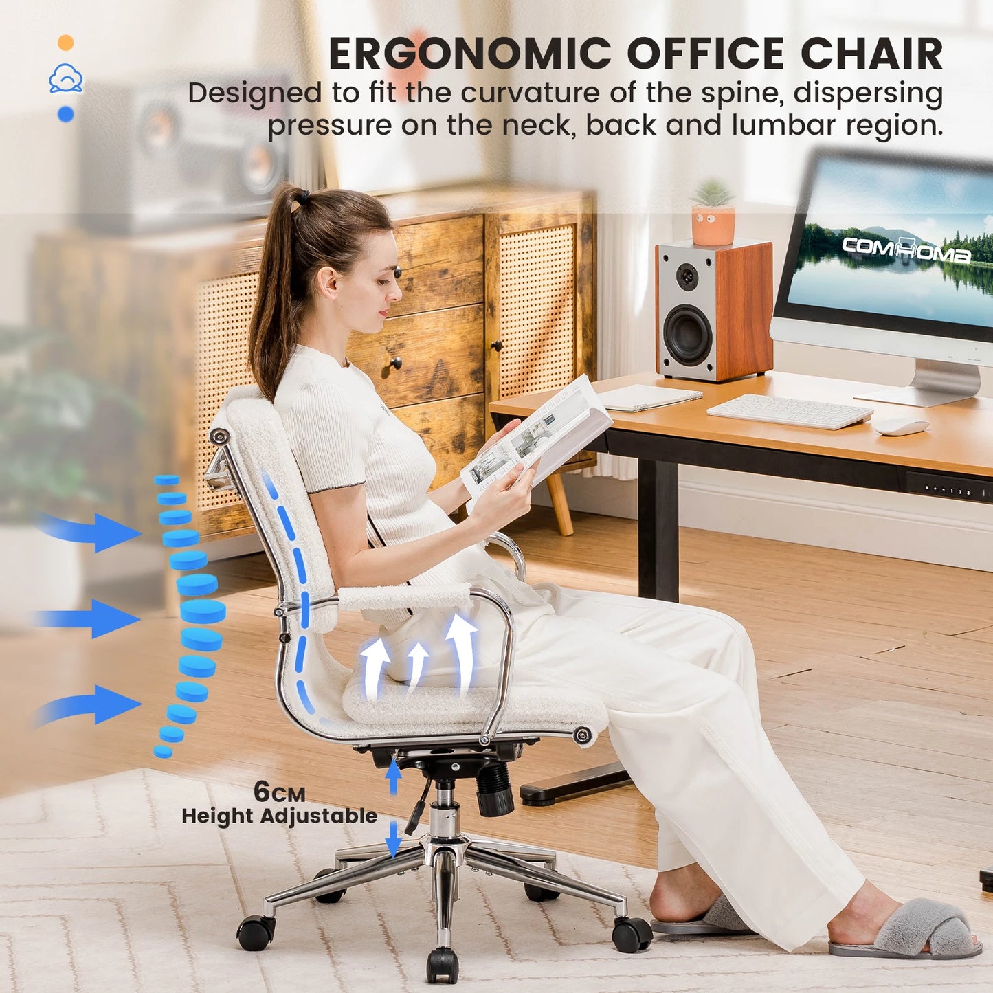 Bureaustoel – Ergonomische Bureaustoel – Werkstoel – Kantoorstoel – Stoel Met Ademend Textiel – In Hoogte Verstelbaar – Schommelbaar Tot 130° - 49 x 49 x 105 cm - Wit - QUORE