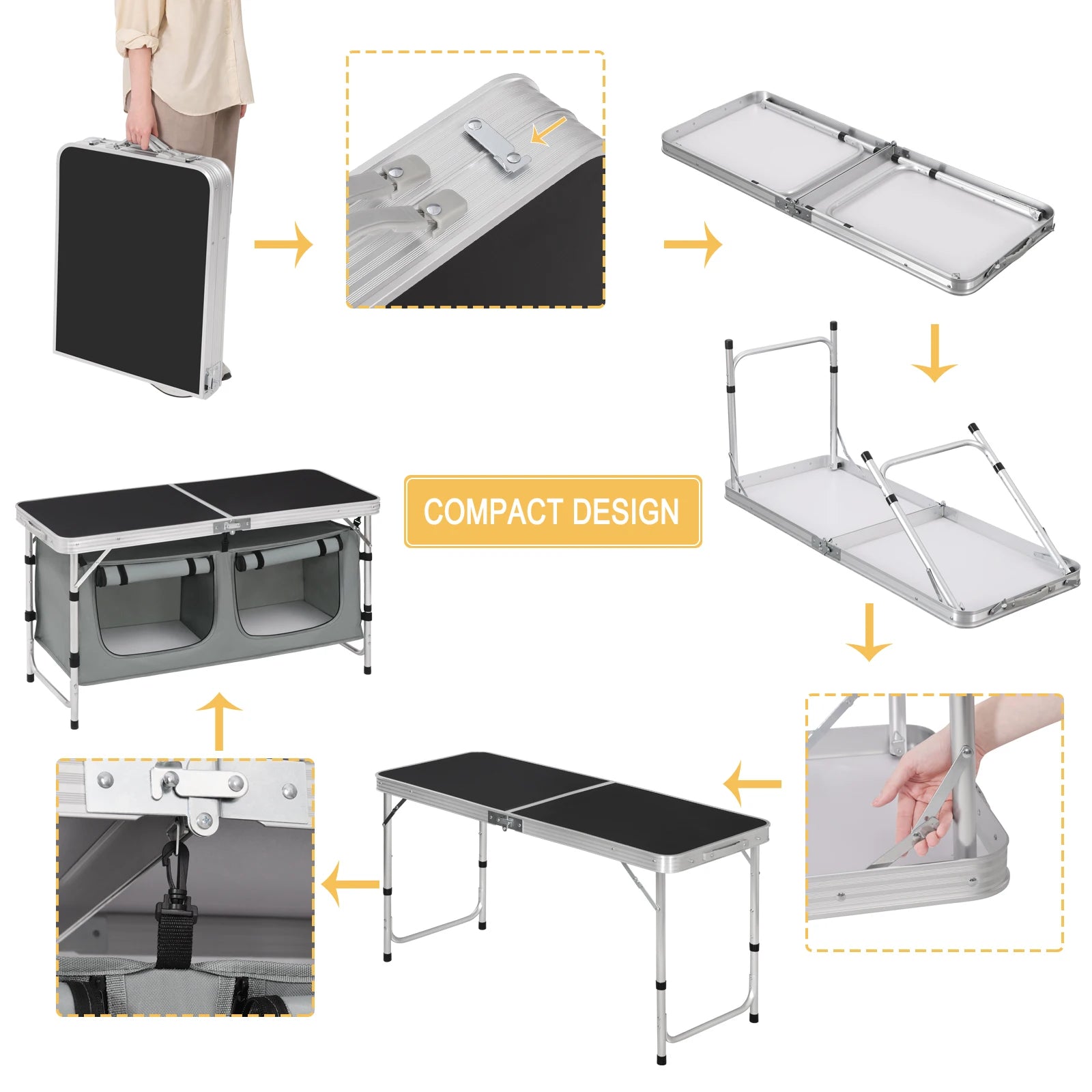 Inklapbare Tafel – Camping – Vouwtafel Buiten – Opvouwbaar  - met Opbergtas - en Kastjes - 180 x 70 x 74 cm – voor Tuin - BBQ - Zwart Grijs - QUORE