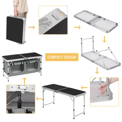 Inklapbare Tafel – Camping – Vouwtafel Buiten – Opvouwbaar  - met Opbergtas - en Kastjes - 180 x 70 x 74 cm – voor Tuin - BBQ - Zwart Grijs - QUORE
