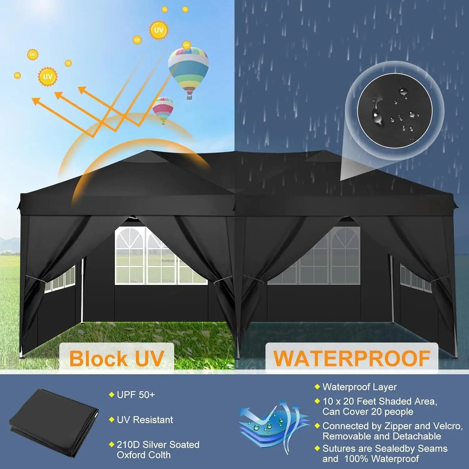 Partytent – Opvouwbaar Tuinhuisje – Buiten Tent – Schaduw Tent – 3x6 Meter – Waterdicht 210D Oxford – Verstelbare Hoogte - Zwart - QUORE