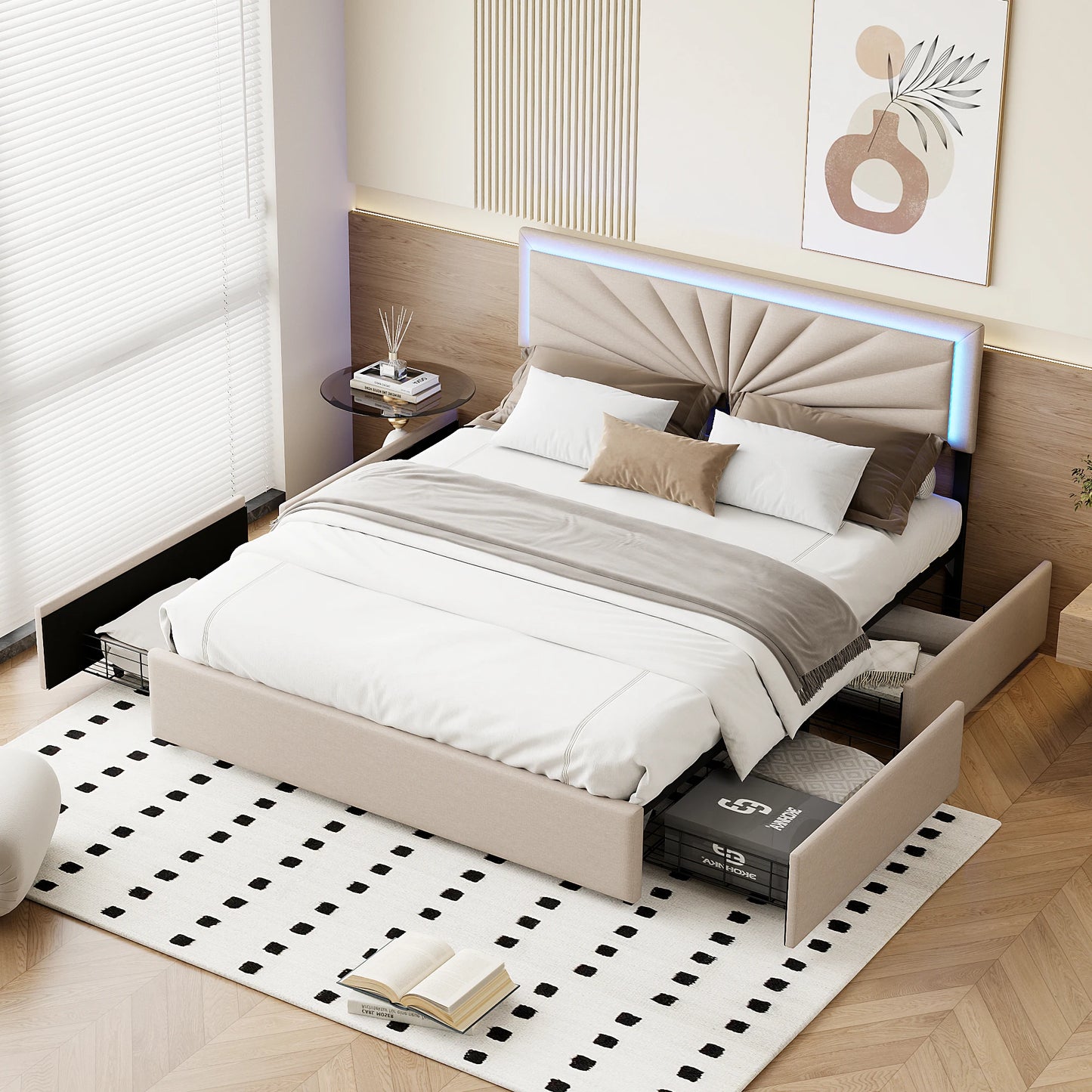 Anajqaqia 140/160x200cm Upholstered Double Bed, Storage Bed with Drawers, with LED Lighting and Slatted Frame, Linen, Beige