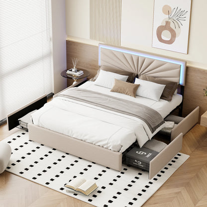Anajqaqia 140/160x200cm Upholstered Double Bed, Storage Bed with Drawers, with LED Lighting and Slatted Frame, Linen, Beige