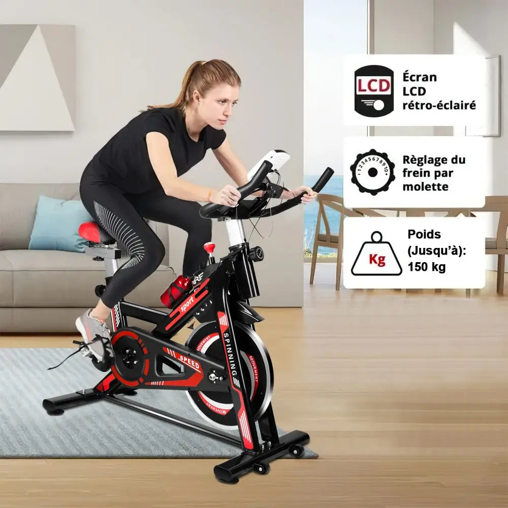 Hometrainer – Fitnessfiets – Conditiefiets – Cardiofiets – Stalen Constructie – Instelbare Weerstand – LCD-Display - Zwart-Rood 6KG - QUORE