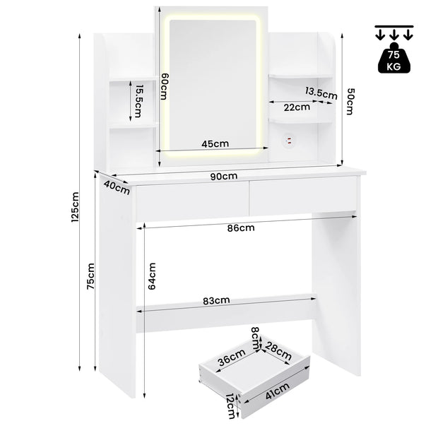 Kaptafel - Make-up Tafel - Make up Tafel met Spiegel en Lampen - Verstelbare Helderheid - 2 USB Poorten - 2 Lades - 6 Opbergplanken - 90x135x40 cm - Wit