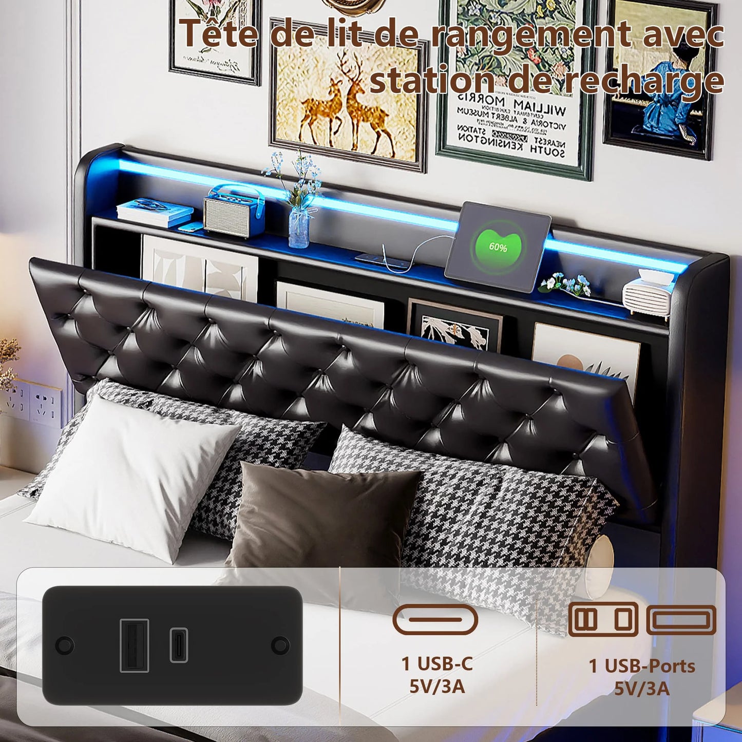 Zwevend Bed – Opbergbed – Led Bed – Bed met Hoofdbord – Slaapbed – 160x200 cm – PU Hoofdbord – RGB LED Verlichting met USB Poorten