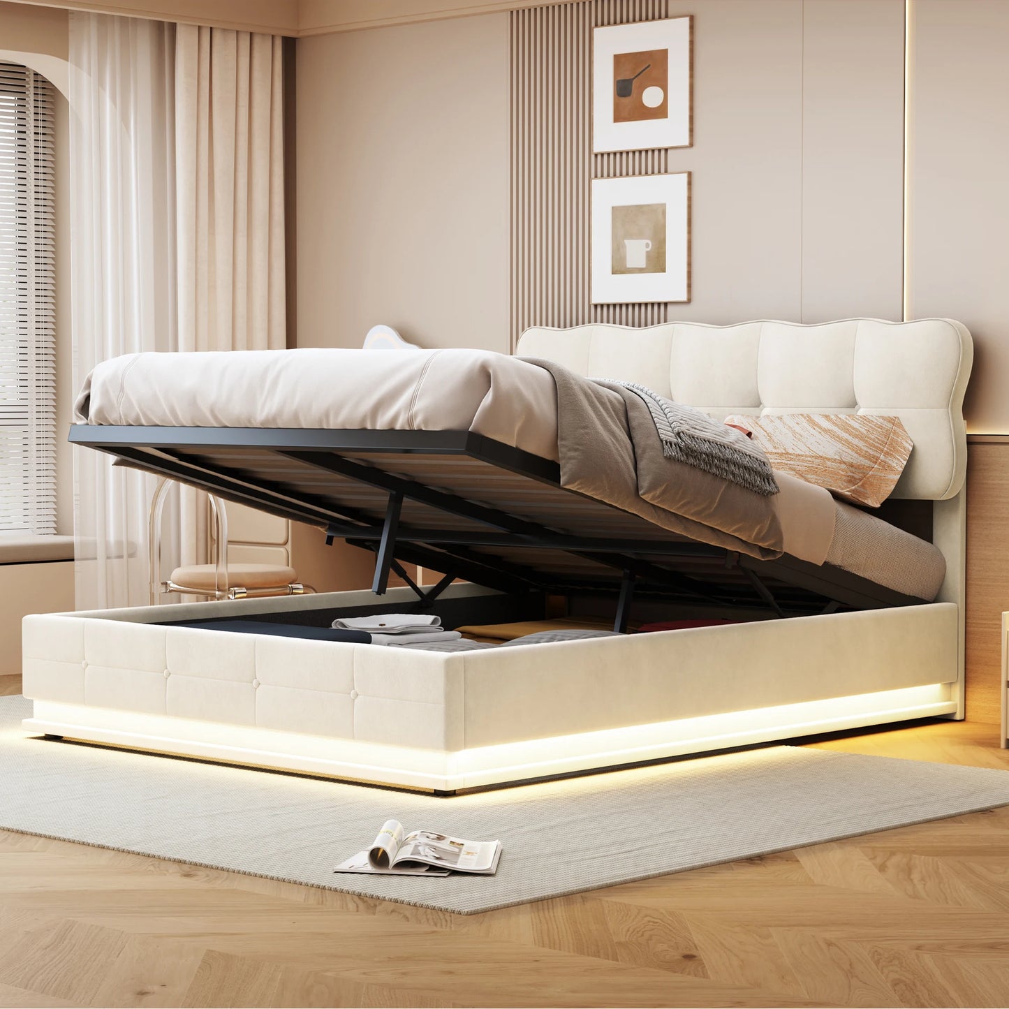 Tweepersoonsbed – Bed – Slaapbed – Opbergbed – Velvet Bed – Beige 140x200cm – Met Opbergruimte – Instelbare RGB LED-Verlichting