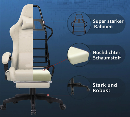 Gaming Stoel - Bureaustoel - Swivel Stoel - met Voetsteun - Hoofdsteun - Luidspreker - Verstelbare - Rugleuning - Lendenkussen - Ergonomische - Draaibare -  Leer - 55 x 59 x 130 cm - Ivoor