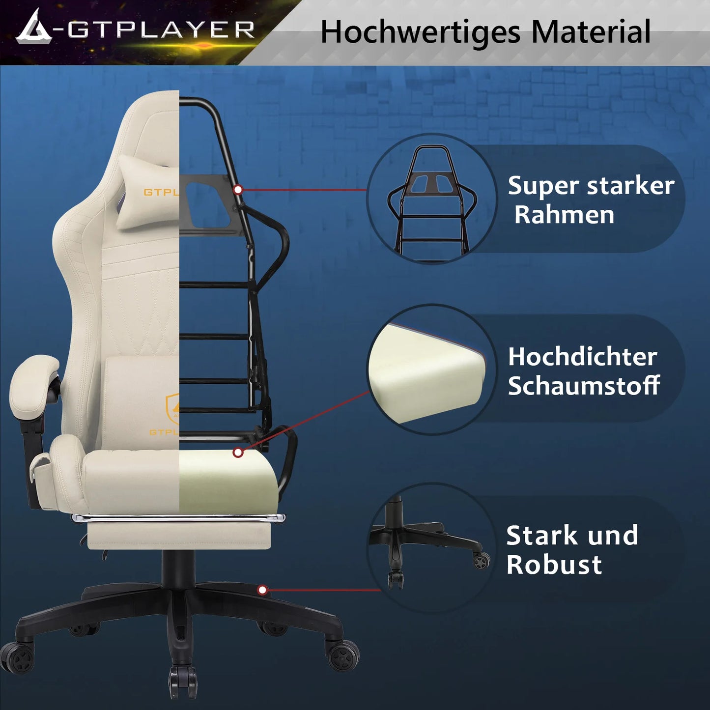 Gamingstoel – Bureaustoel – Gamestoel – Draaistoel – Werkstoel – Lichtbruin – Ingebouwde Speakers – Uitklapbare Voetsteun - QUORE