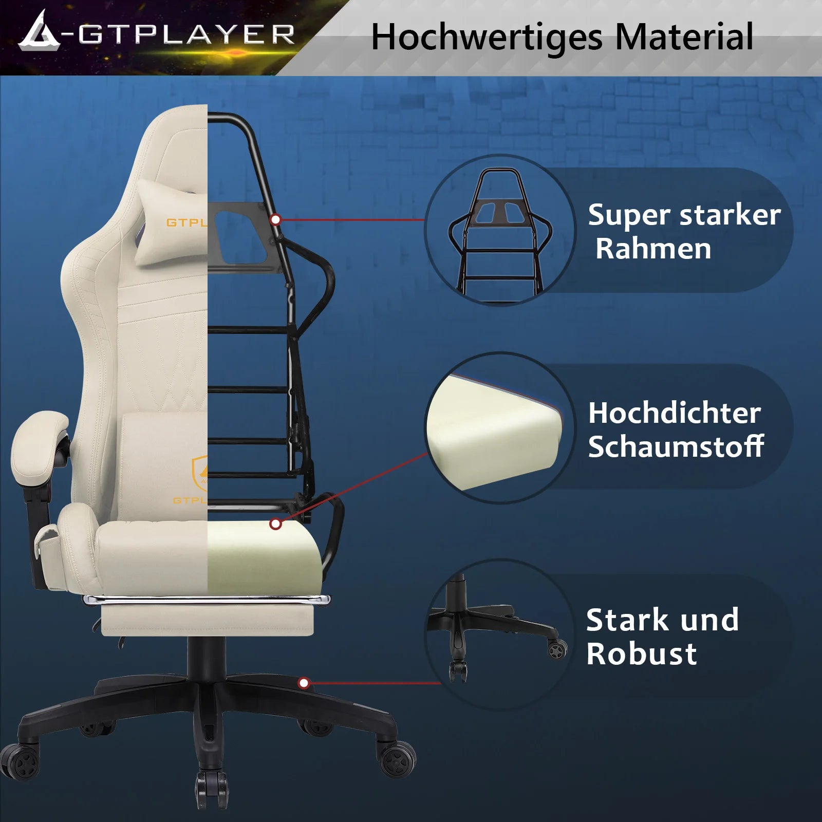 Gamingstoel – Bureaustoel – Gamestoel – Draaistoel – Werkstoel – Lichtbruin – Ingebouwde Speakers – Uitklapbare Voetsteun - QUORE