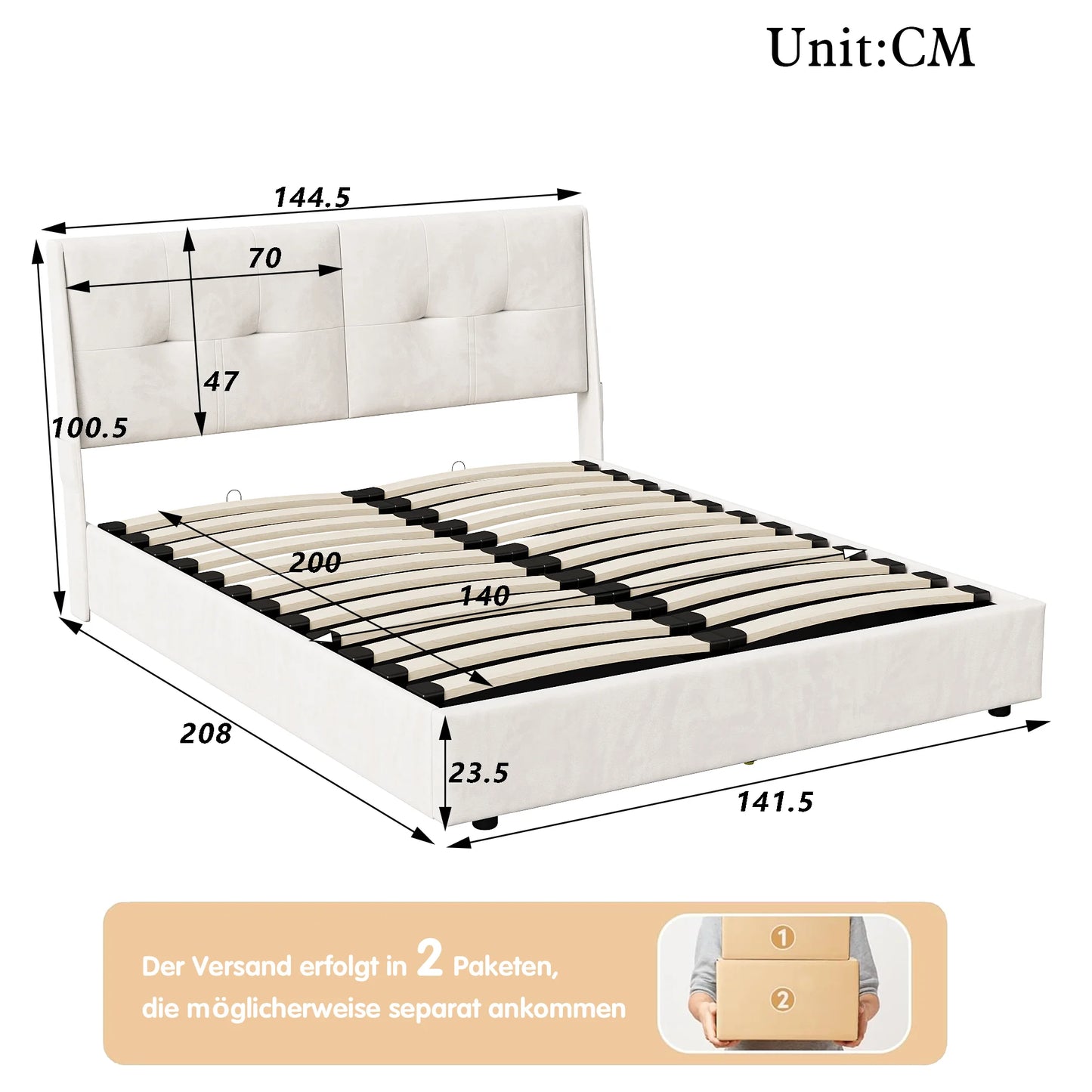 Opbergbed – Gestoffeerd Bed – Hydraulisch Bed – Bedframe – Opbergruimte – 140x200 cm – LED-Verlichting – Zijvakjes