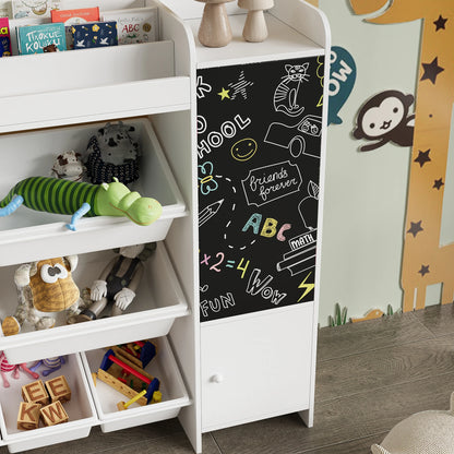 Kinderboekenplank – Kinderboekenrek – Speelgoedkast – Opbergrek Kind – Boekenkast Kinderkamer – Met Krijtbordwand – Afmetingen 137x30x94,5 cm – Veilig Milieuvriendelijk Hout