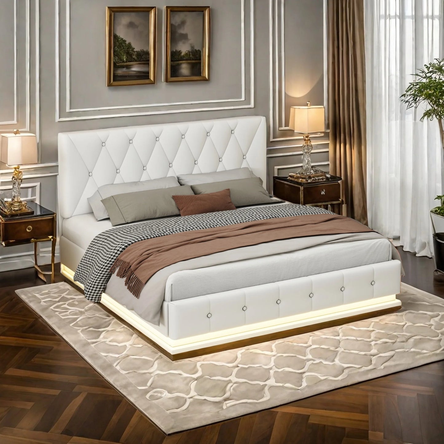 Gestoffeerd Bed – Kunstleren Bed – Opbergbed – Led Bed – Bed Met USB – Wit – 140x200 cm – Hydraulische Opbergruimte – Geïntegreerde LED-Verlichting