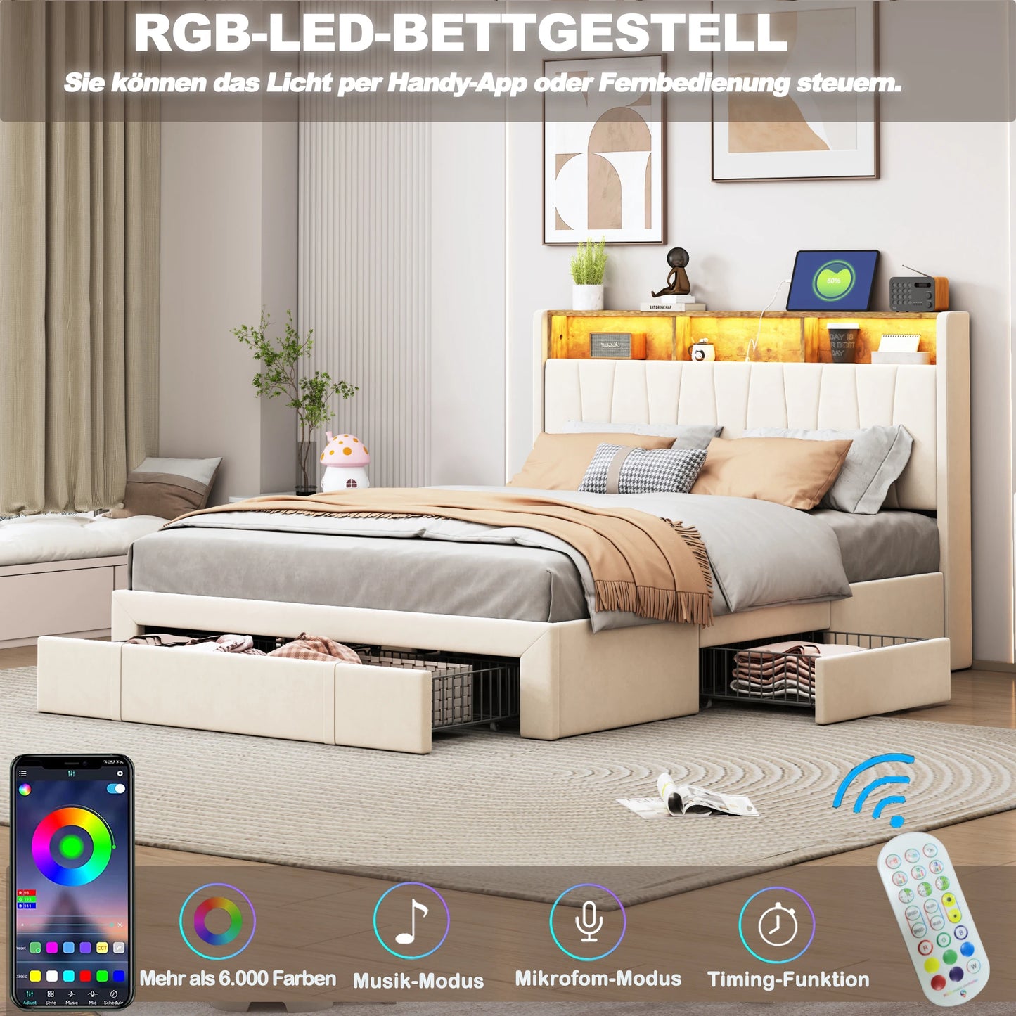 Bedombouw – Gestoffeerd Bed – Tweepersoonsbed – Opbergbed – Ledikant – 160x200 cm – Met LED-verlichting en USB Type-C Poorten