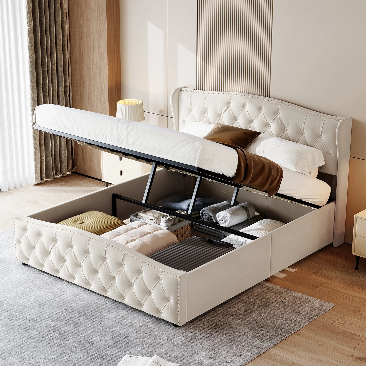 Tweepersoonsbed – Opbergbed – Bedframe – Slaapbed – Fluwelen Bed – 140 x 200 cm – Hydraulische Opbergruimte – Stevig Metalen Frame