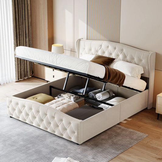 Tweepersoonsbed – Opbergbed – Bedframe – Slaapbed – Fluwelen Bed – 140 x 200 cm – Hydraulische Opbergruimte – Stevig Metalen Frame